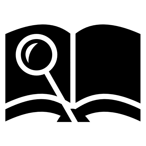 Black and white icon of a book with magnifying glass on top of it