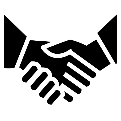 Black and white icon of two hands in a handshake