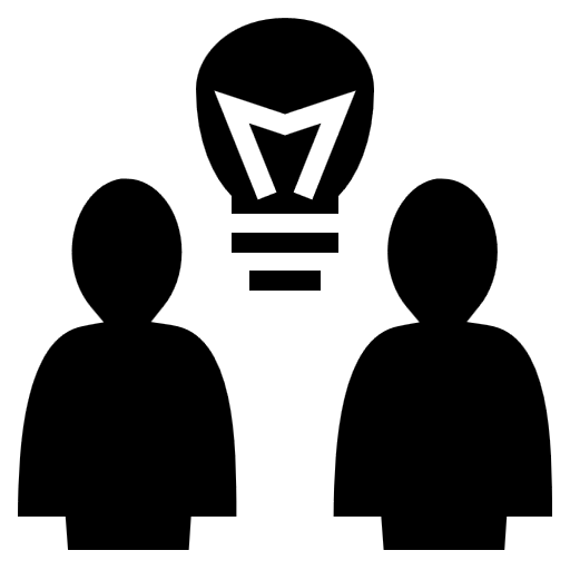 Black and white icon of two people and a lightbulb between them